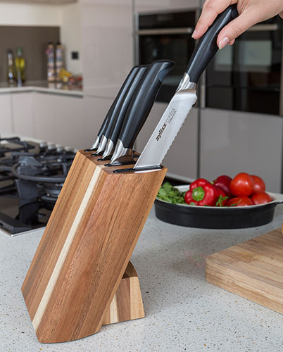 Zyliss control knives in their block in a kitchen